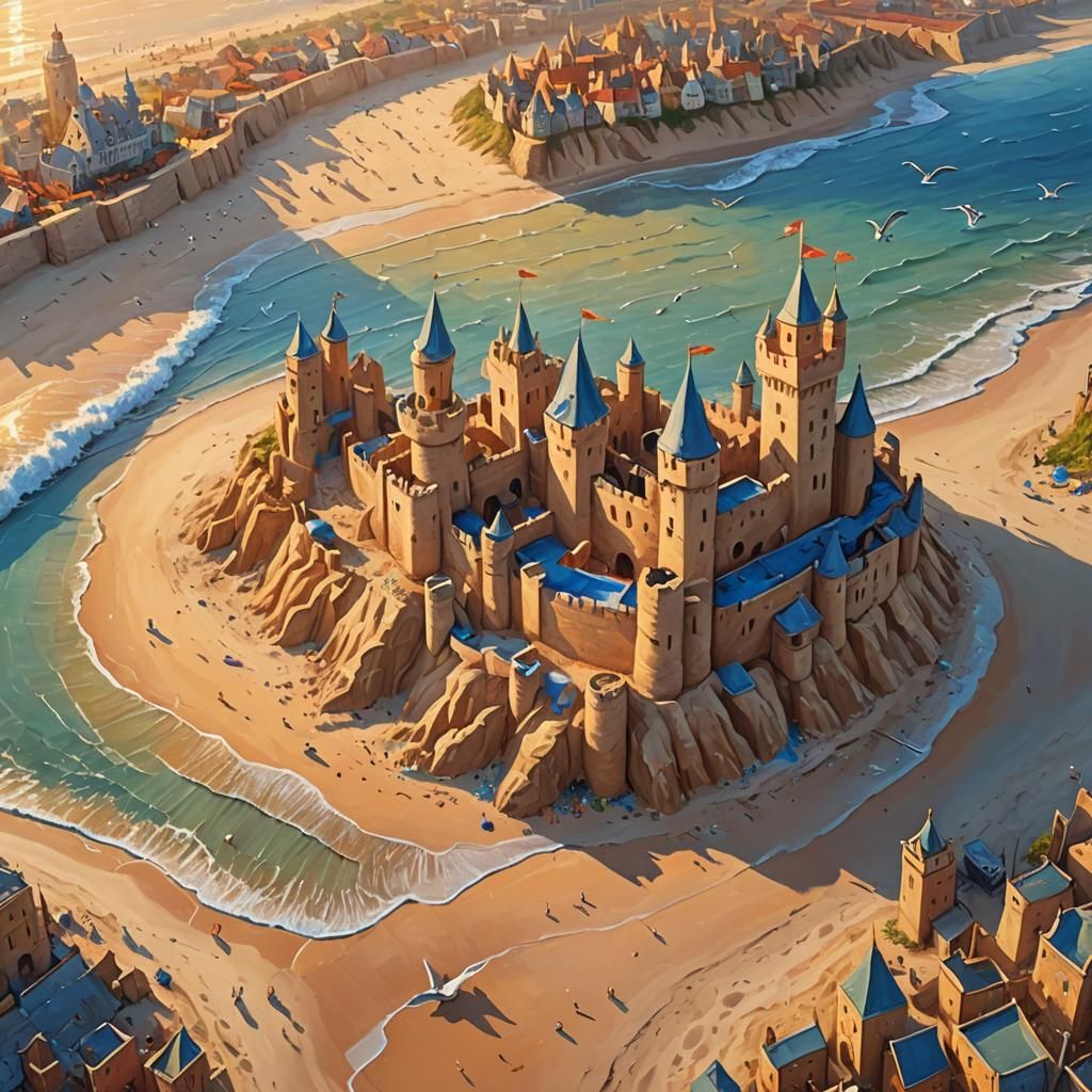 Seaside Sandcastle City at Sunset: An Impressionist Painting