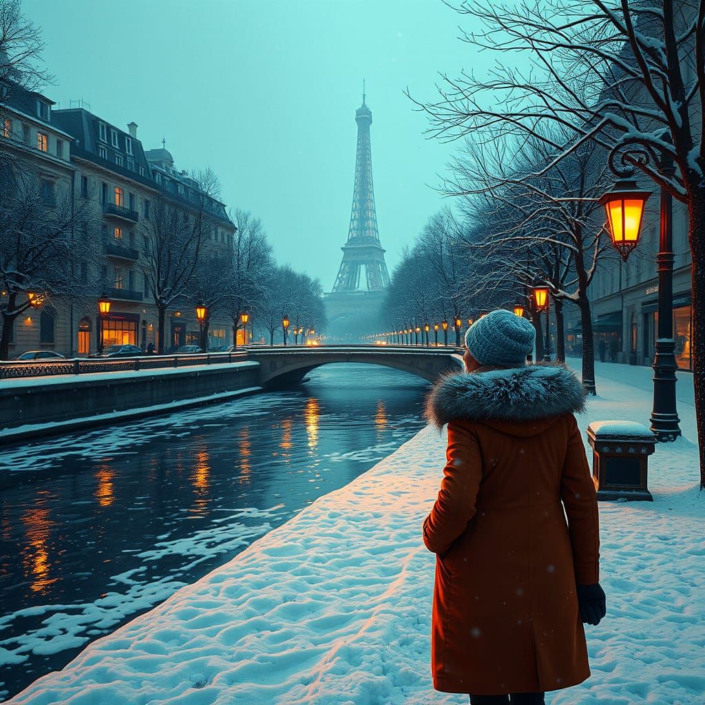 Paris Winter Scene with Woman, Digital Concept Art