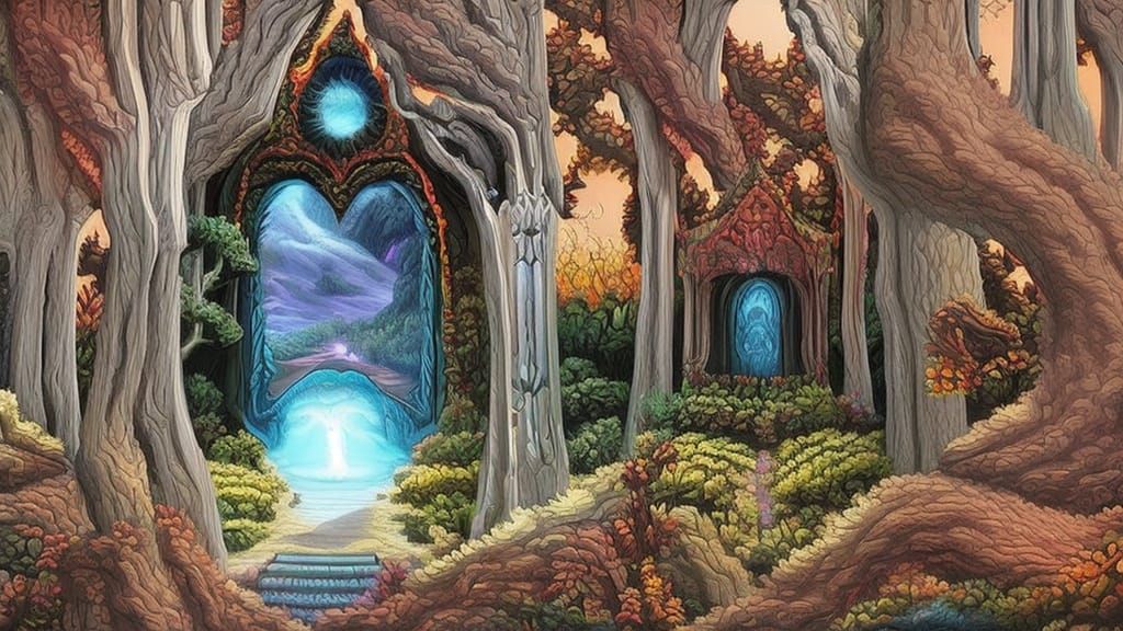 Bioluminescent Neon Fantasy Doorway by Dan Mumford