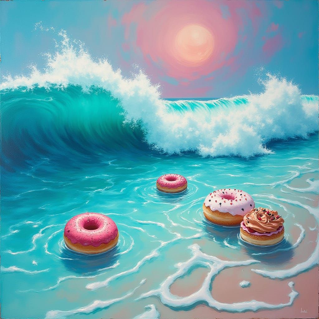 Surreal Dreamscape of Turquoise Waves and Sweet Delights