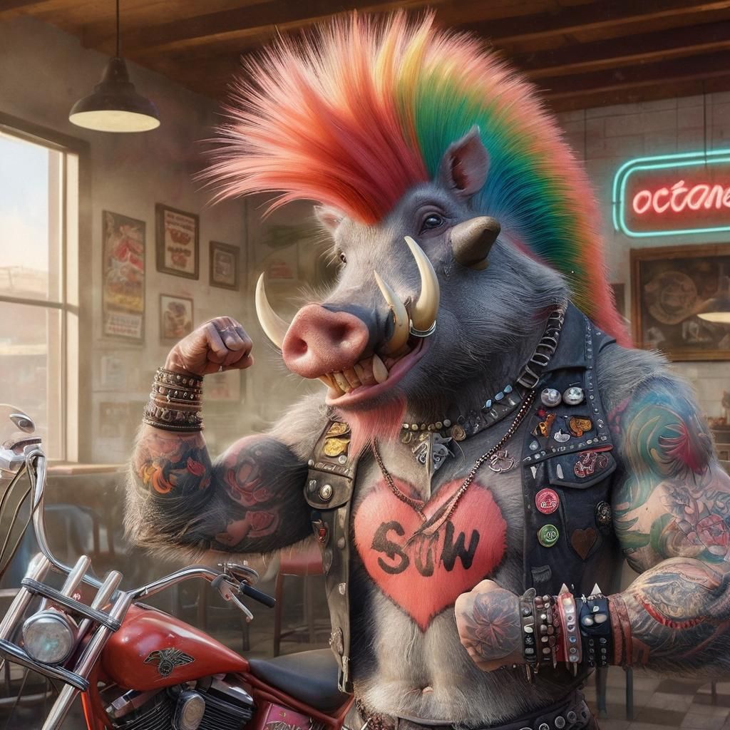 Hyperrealistic Warthog Punk Flexing at a Diner
