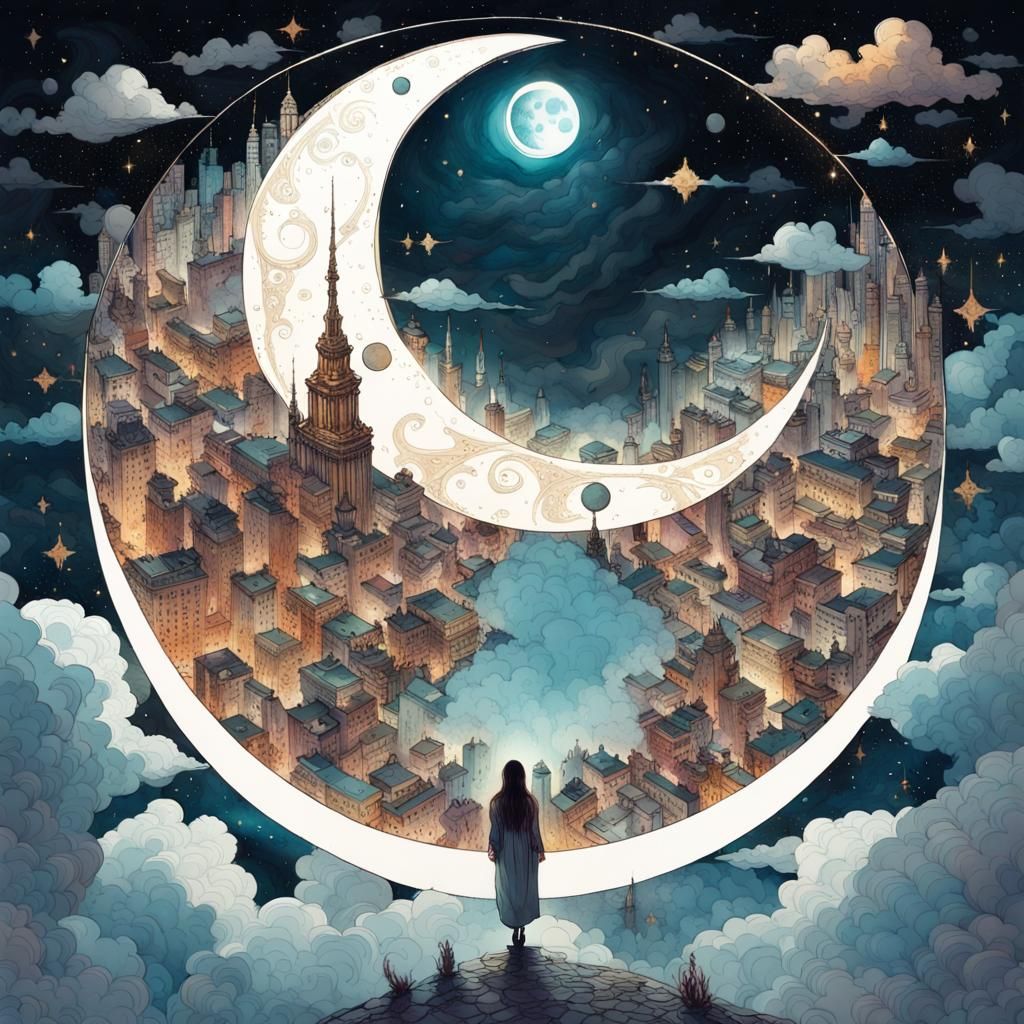 Ornate Moon City in Cloudy Starry Sky