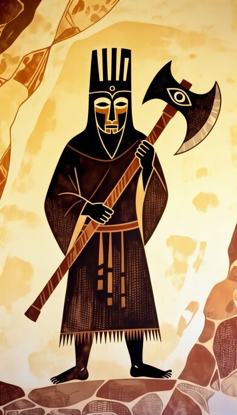 Cave Art of Mysterious Robed Figure with Eye Axe