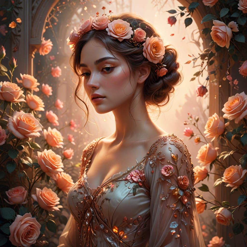 Ethereal Woman Adorned with Roses in Dreamlike Fantasy Art