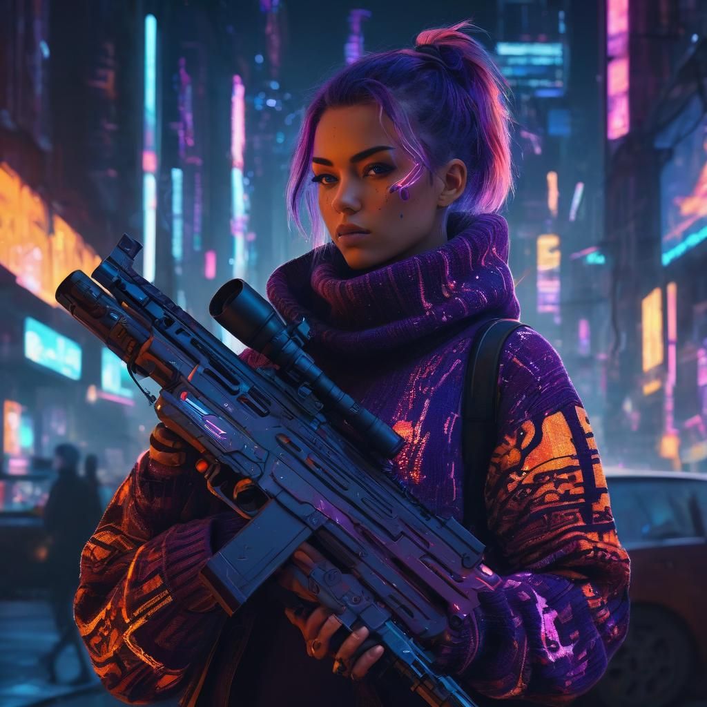 Cyberpunk Sniper in Dystopian Cityscape, Digital Art