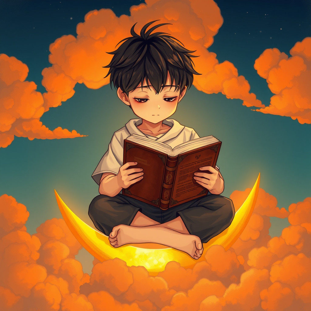 Boy on Moon Reading, Manga Anime Style