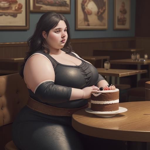Detailed Painting of Woman with Large Belly Eating Cake