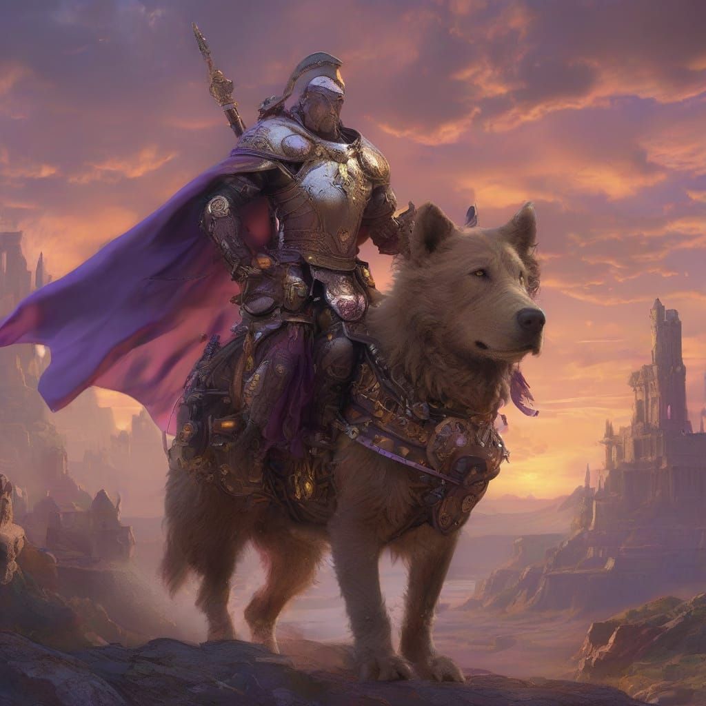 Steampunk Knight on War Dog Surveying Fantasy Ruins