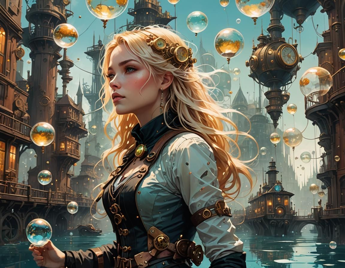 Gorgeous Blonde woman on a steampunk city, hearts bubbles reflections, underwater background.