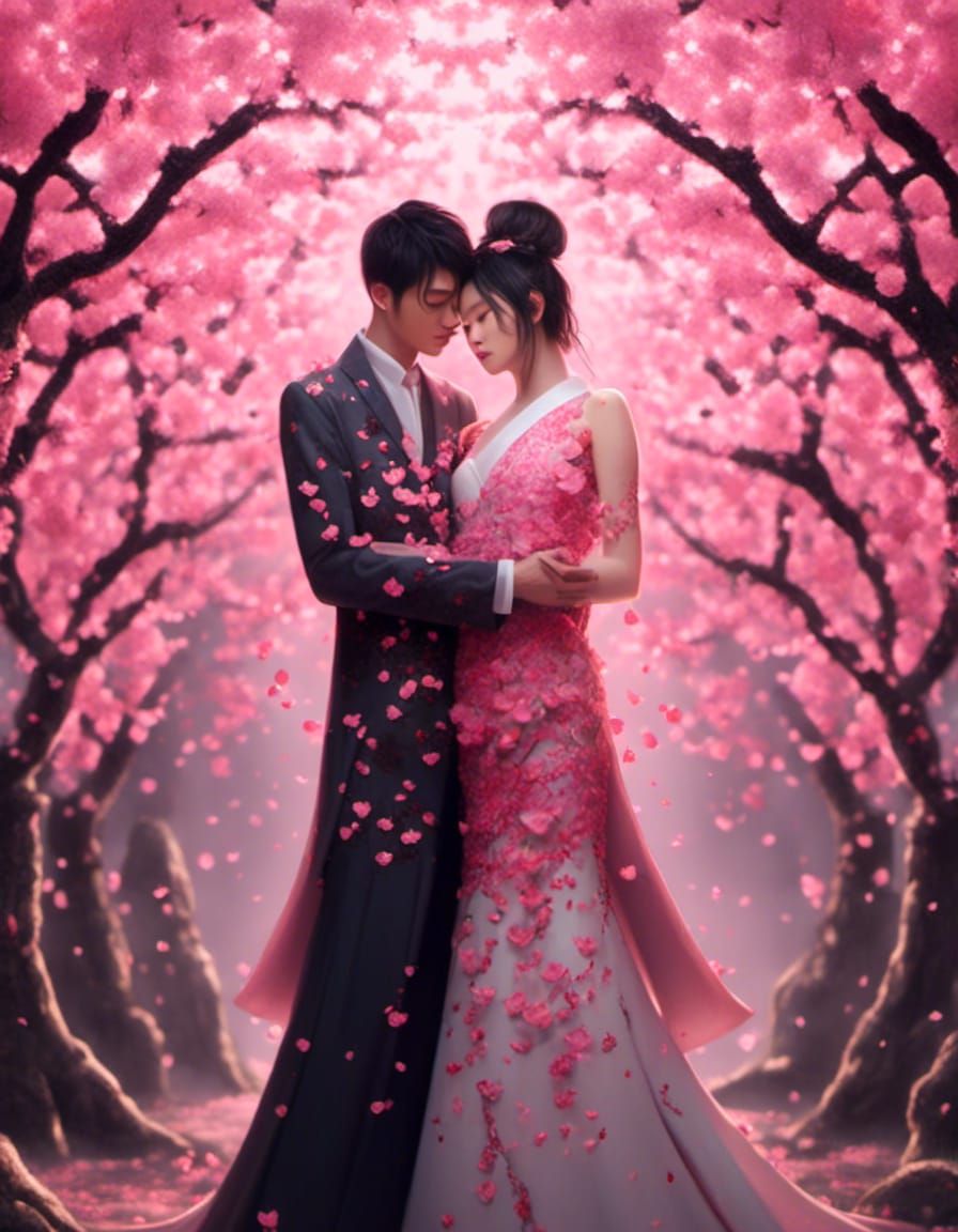 Japanese Couple in Cherry Blossom Heart