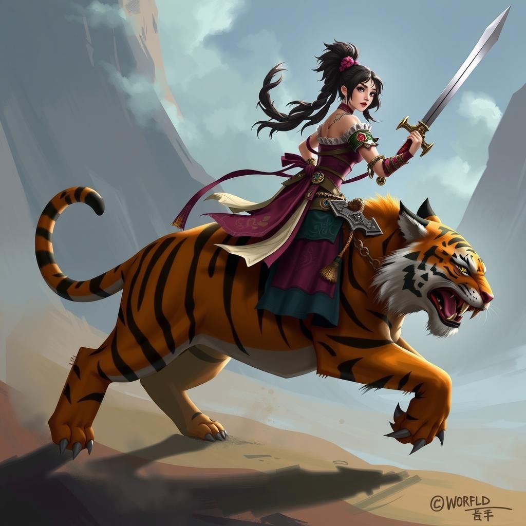Woman Riding Tiger, Fantasy Art in WoW Style