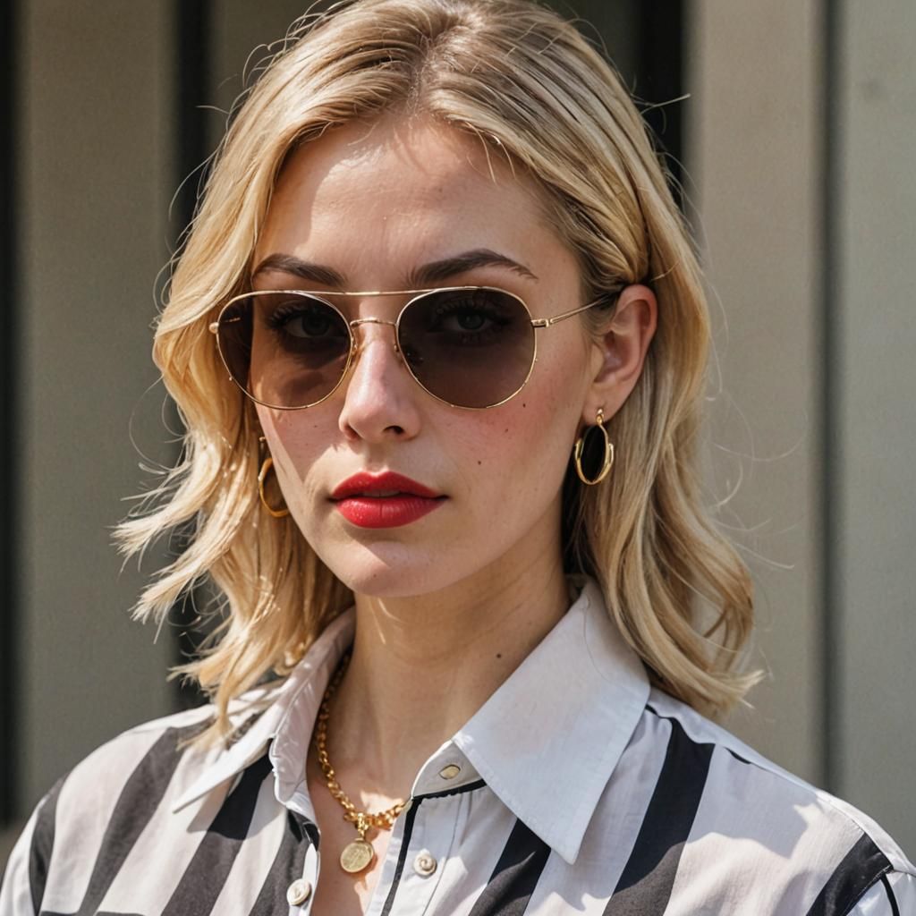 Blonde Woman with Sunglasses and Striped Shirt