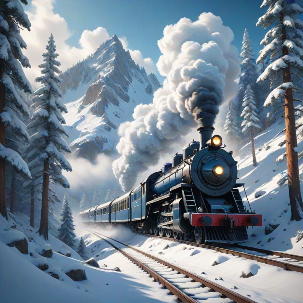 Majestic Steam Train Ascends Snowy Mountain in Digital Paint...