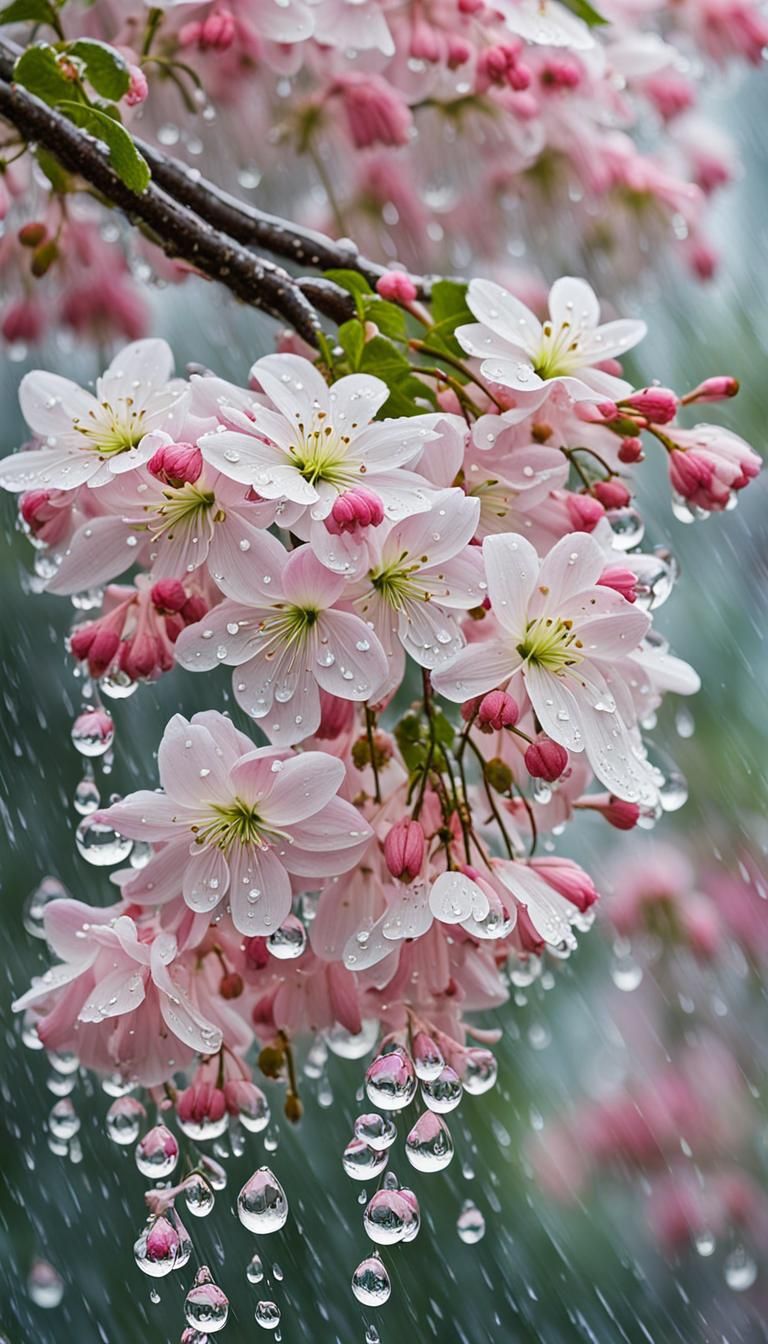 Pink and White Flowers in Delicate Rain