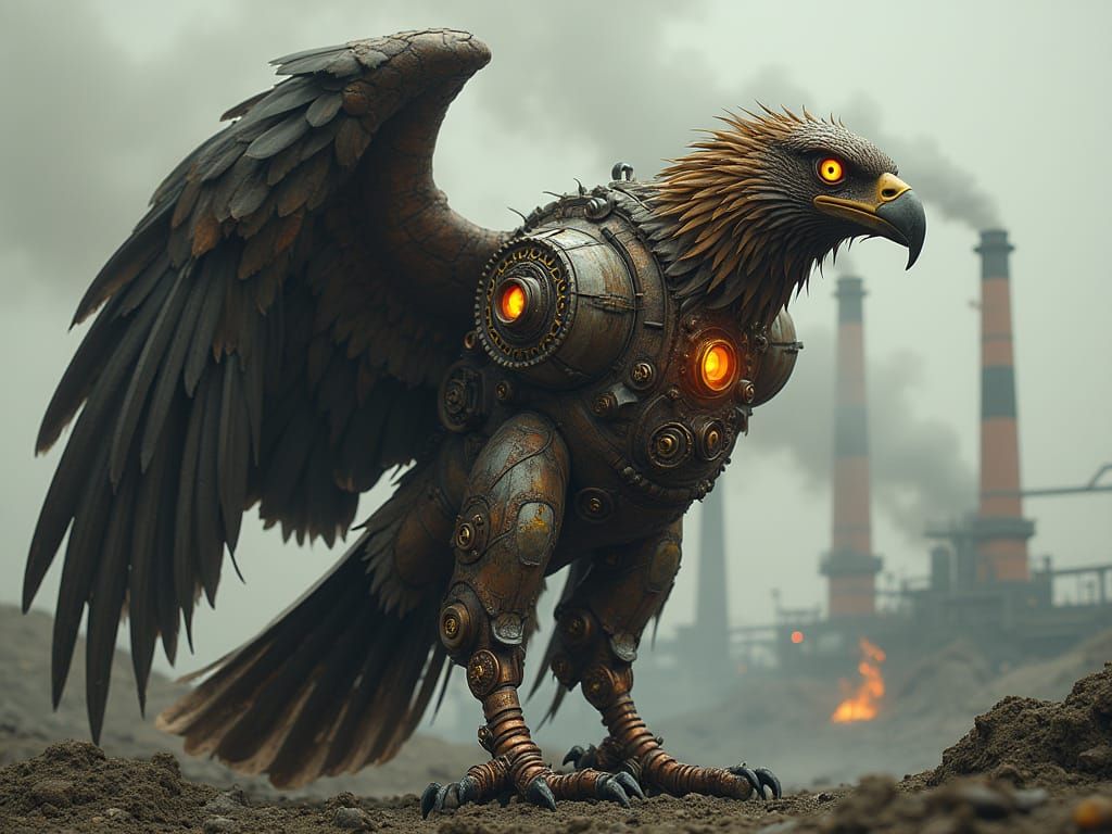 Mechanical Eagle Hybrid in Dieselpunk Industrial Wasteland