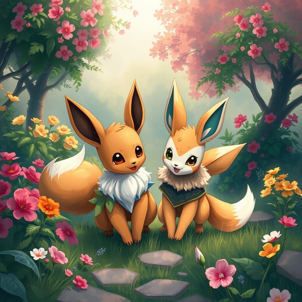 Eevee and Ninetales Play in Lush Pokemon Estate