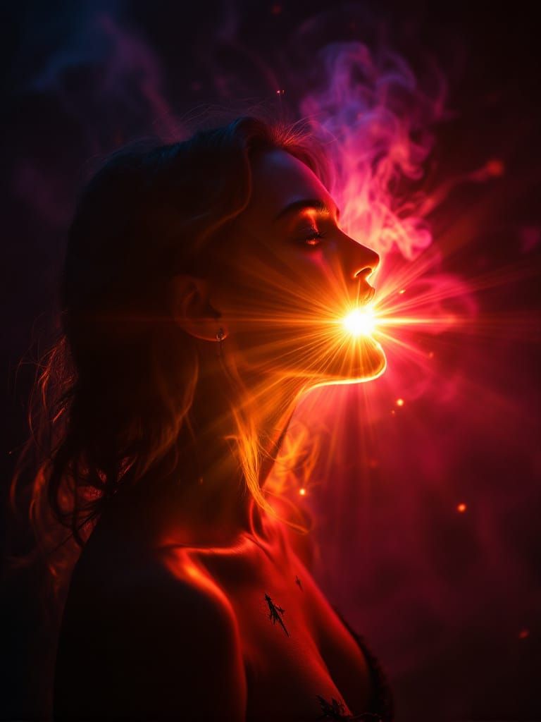 Woman With Sun Emerging From Mouth in Psychedelic Dusk