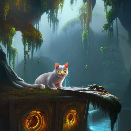 Cat Drinking Water in Detailed Matte Painting Style