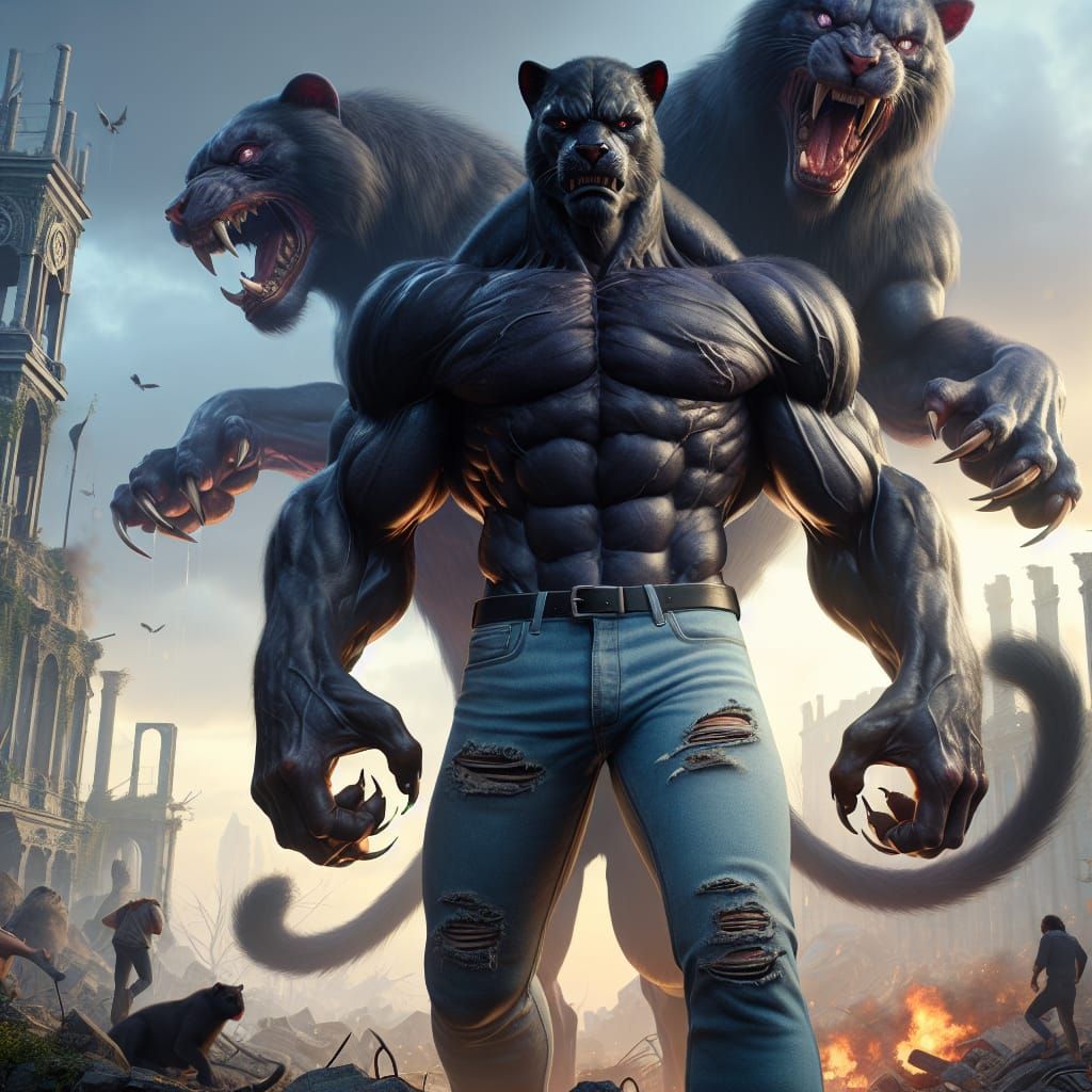 Colossal Werejaguar Triumphant Over Cerberus