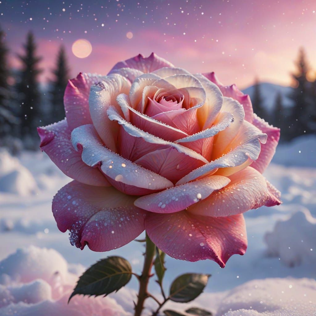 Pink Nebula Rose Growing in Deep Snow