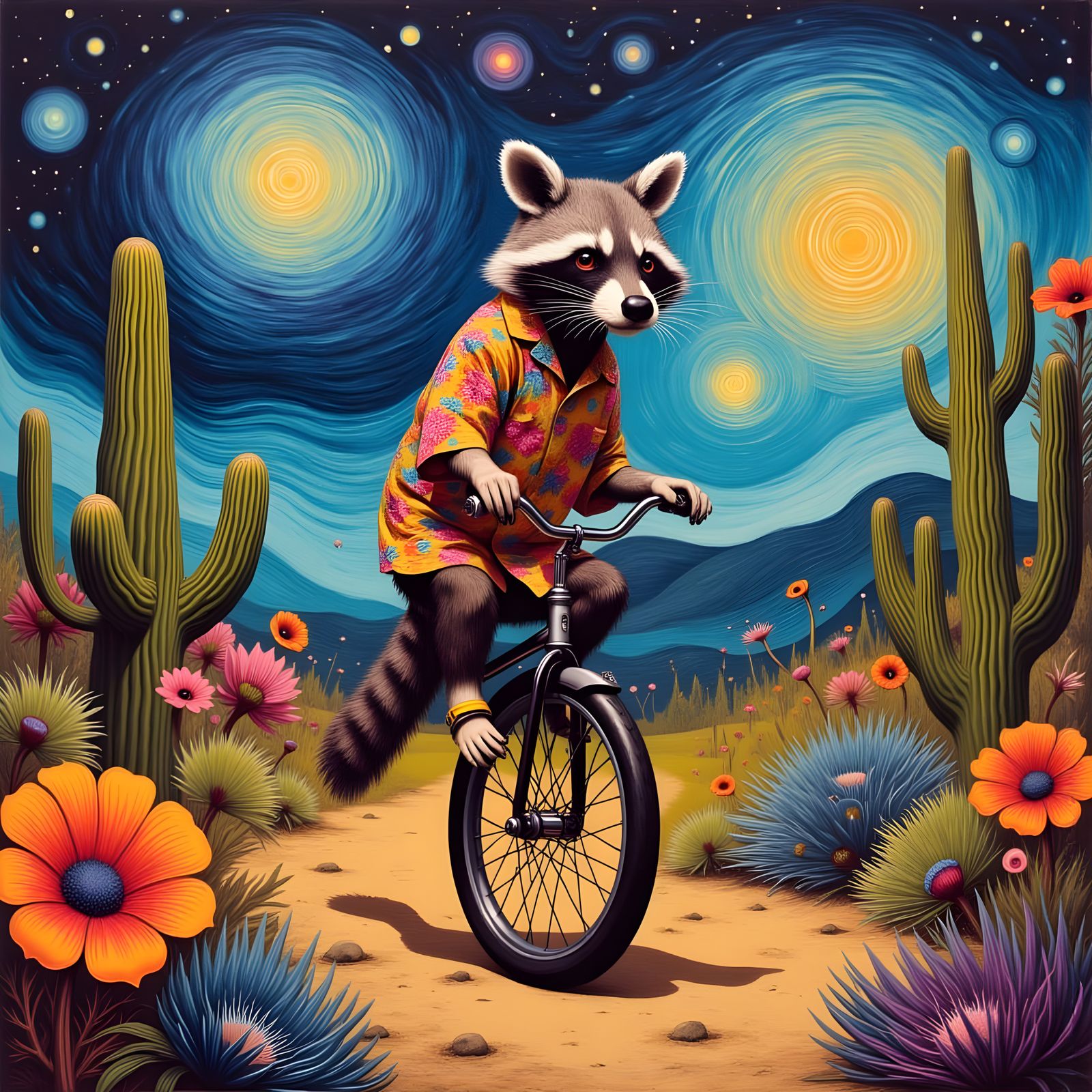 Raccoon Rides Unicycle in Psychedelic Desert