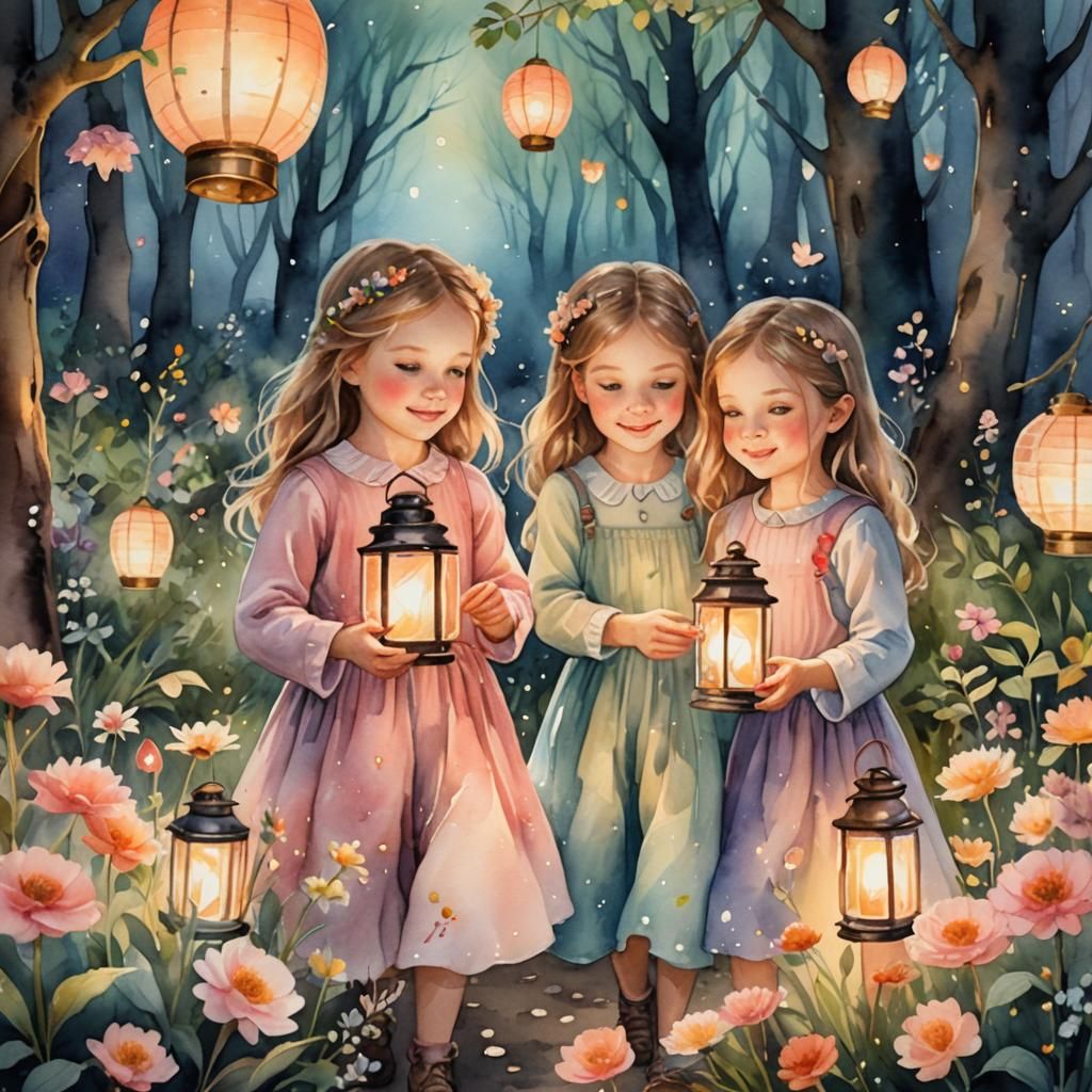 Cute 4-year-old girls, surrounded by flowers, holding lanter...
