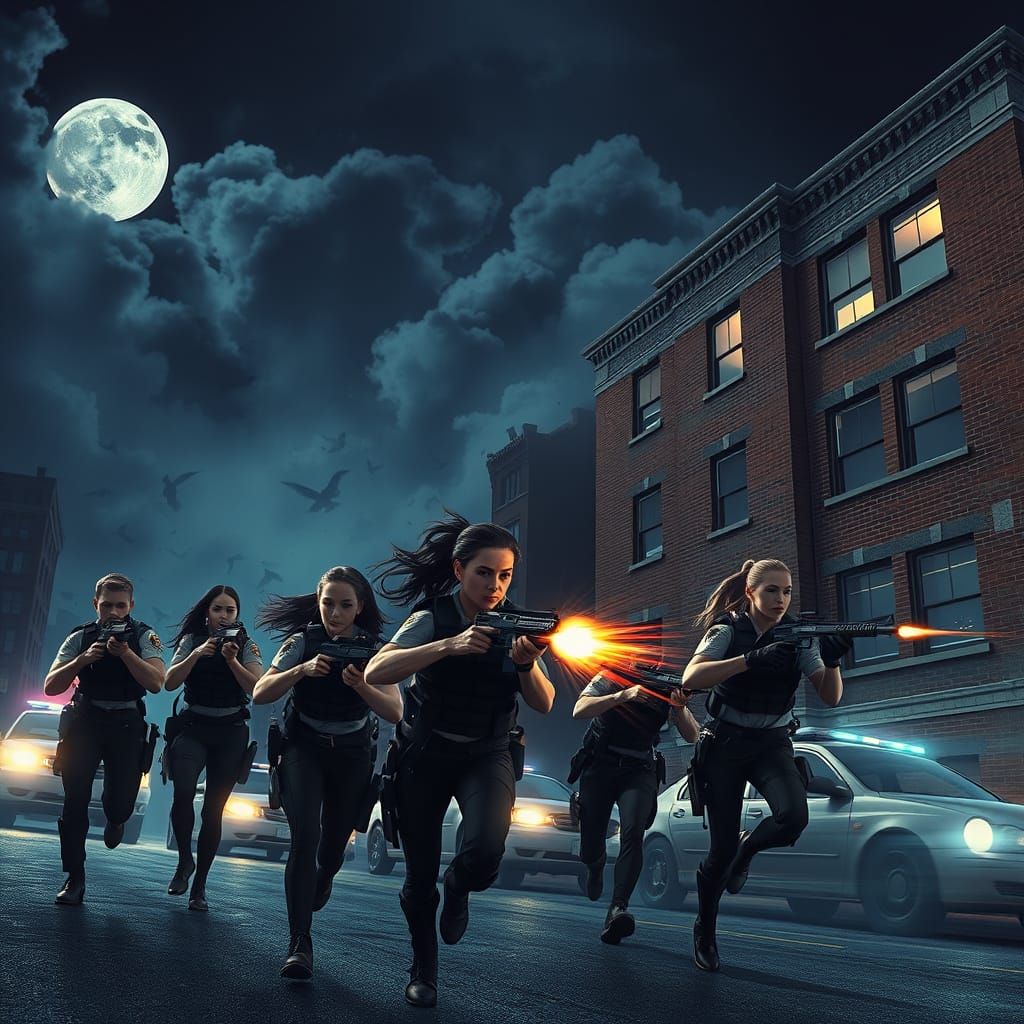 Gritty City Night Scene with Police Officers Charging into B...