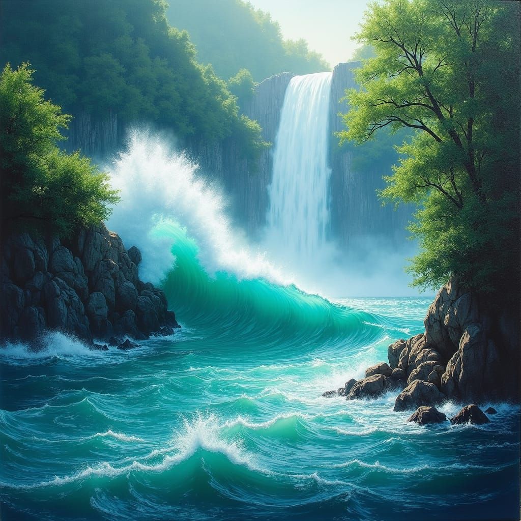 Ocean Storms Crash into Turquoise Lake: Oil Painting