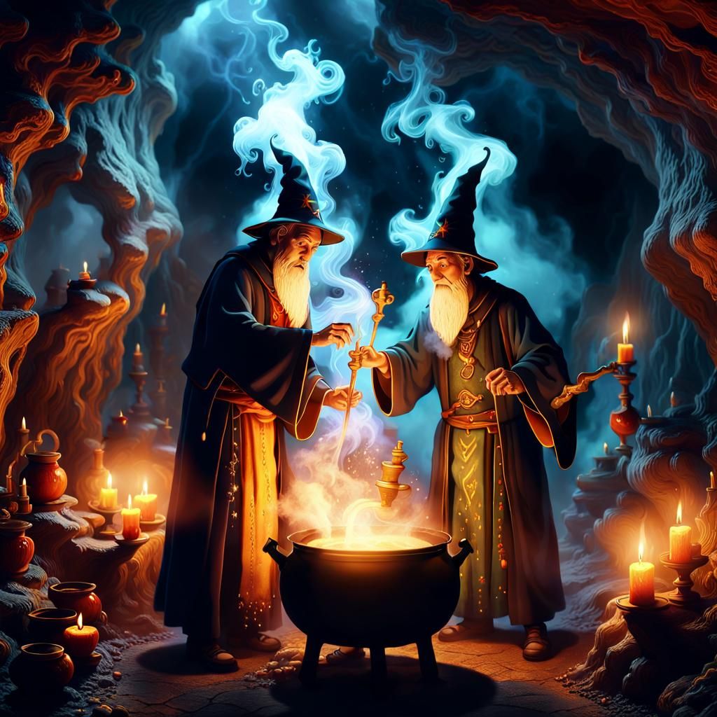 Wizards Brewing Potions in Surreal Eerie Cave