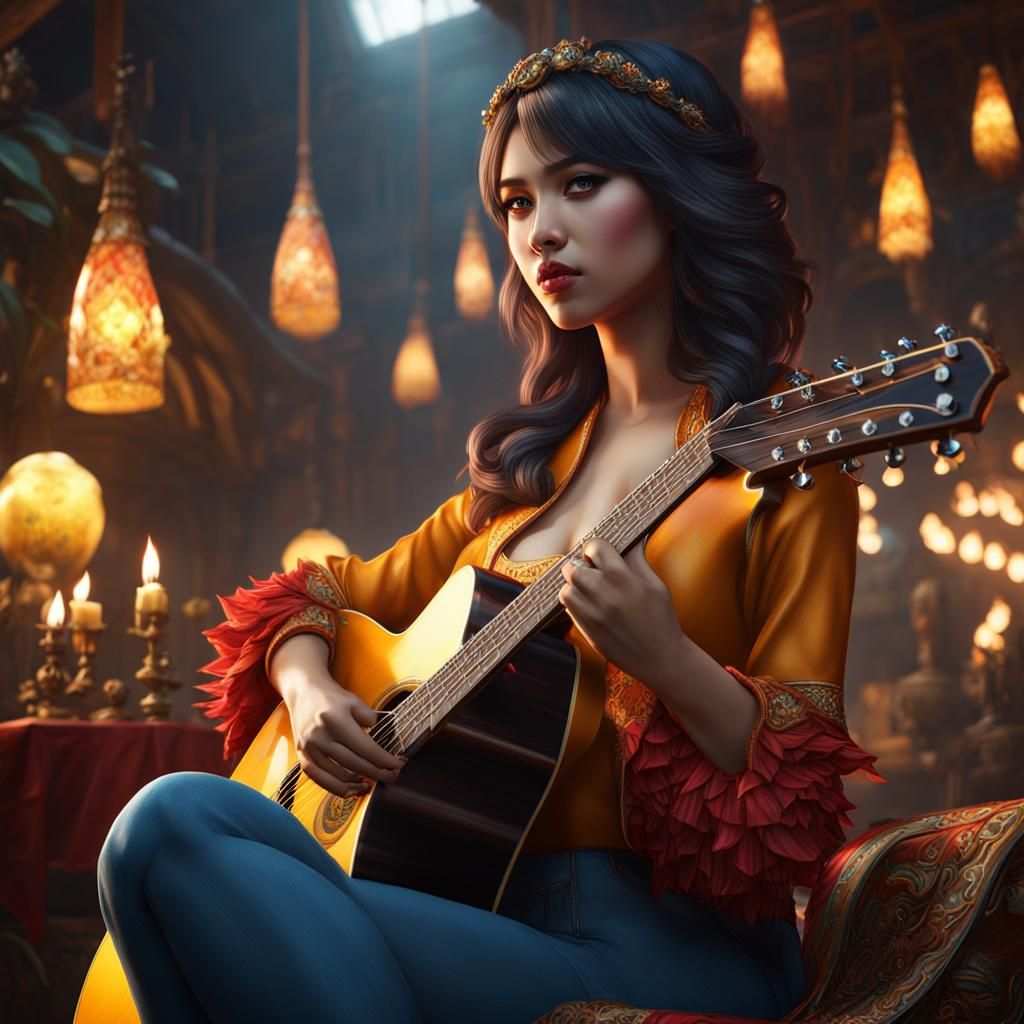 Beautiful Woman Playing Guitar on Cliffside, Hyperrealistic