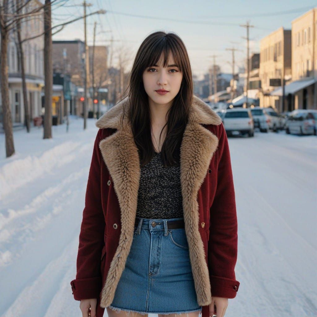Chubby Teenage Girl in Winter Street Scene