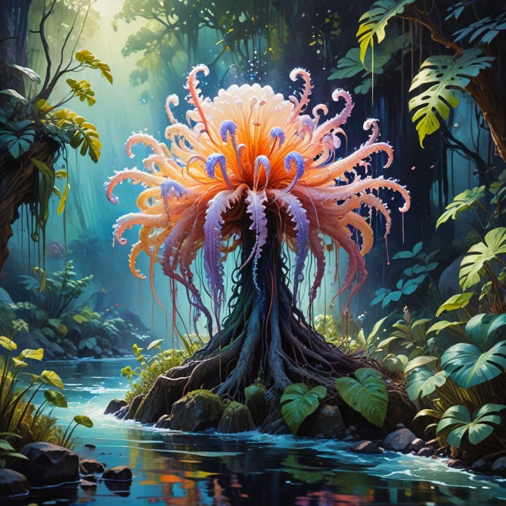 Impressionist Masterpiece: Drifting Plant Roots in Vibrant G...