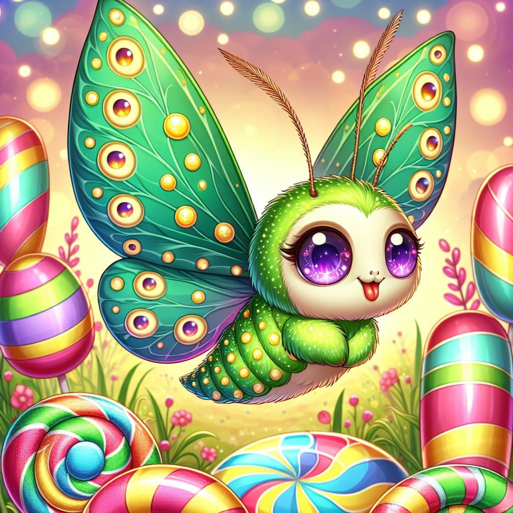Joyous Green Alien-Moth Soaring Over Lollipops