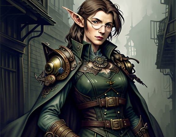 Steampunk Elf Detective in Moody Alley Watercolor
