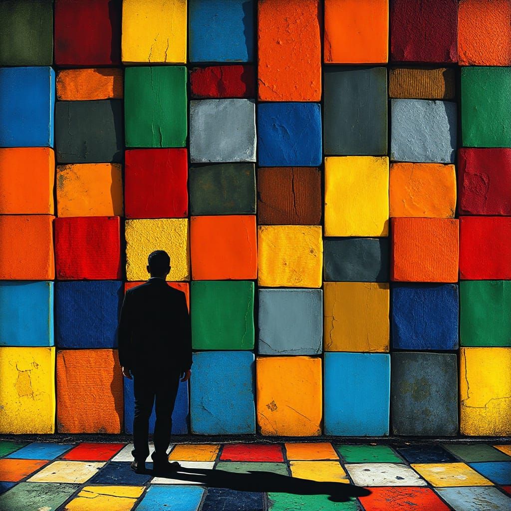 Solitary Figure Surrounded by Geometric Prison Wall in Bold ...