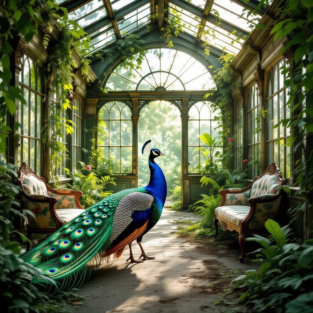 Majestic Peacock in Overgrown Victorian Greenhouse