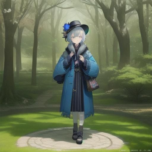 Girl with Cat-Dragon in Autumn Park, Anime Style