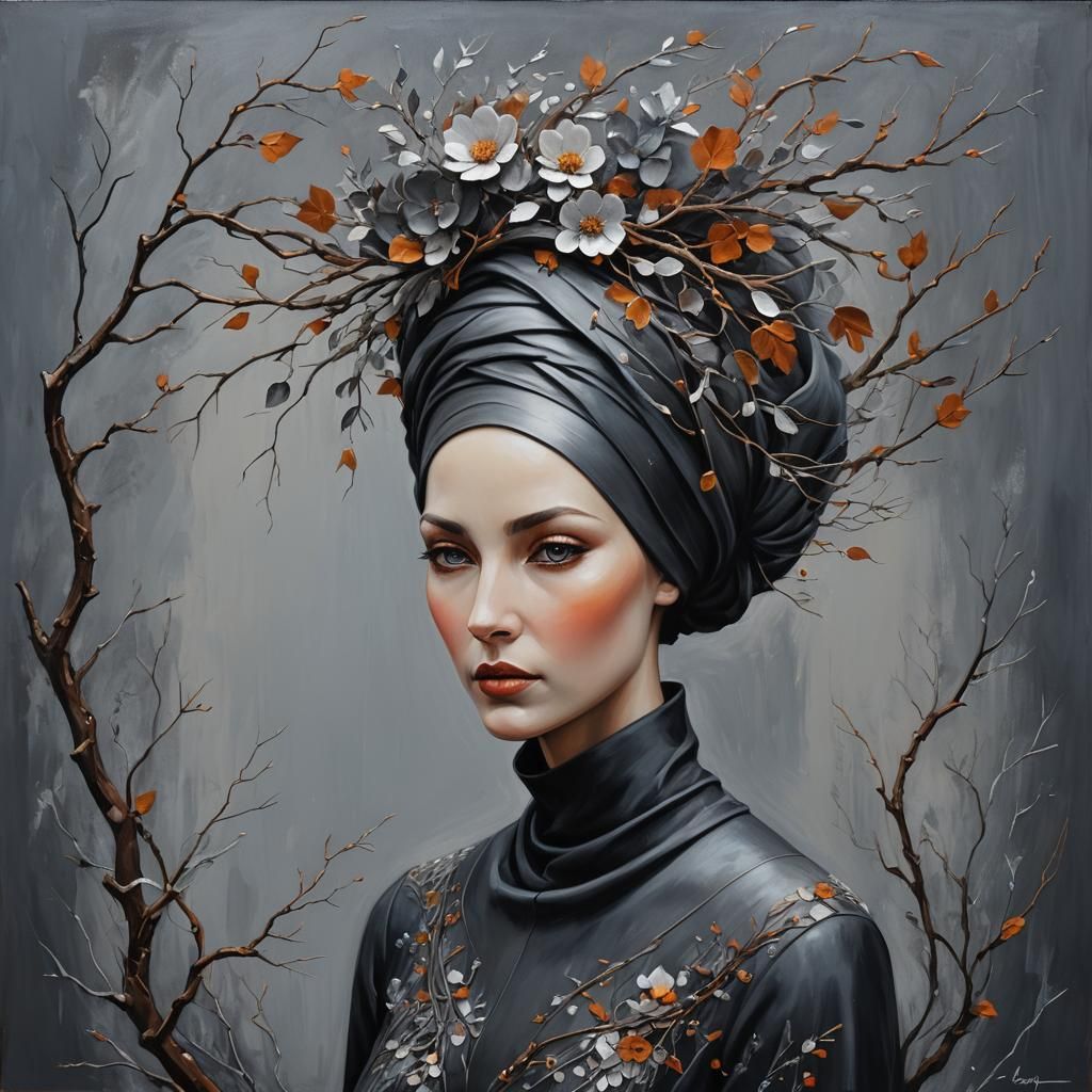 Faceless Woman with Floral Turban in Naive Art Style