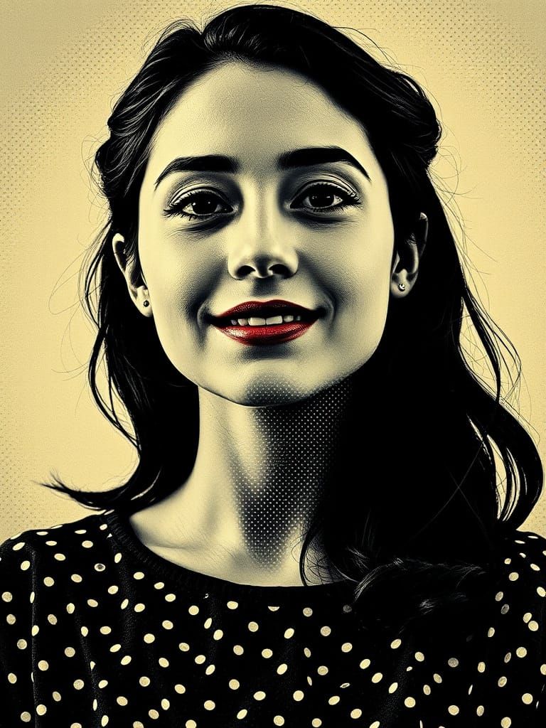 Vintage Charming Woman Portrait in Halftone Style