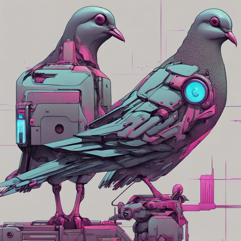 Cyberpunk Doves Soar Through Neon Skies