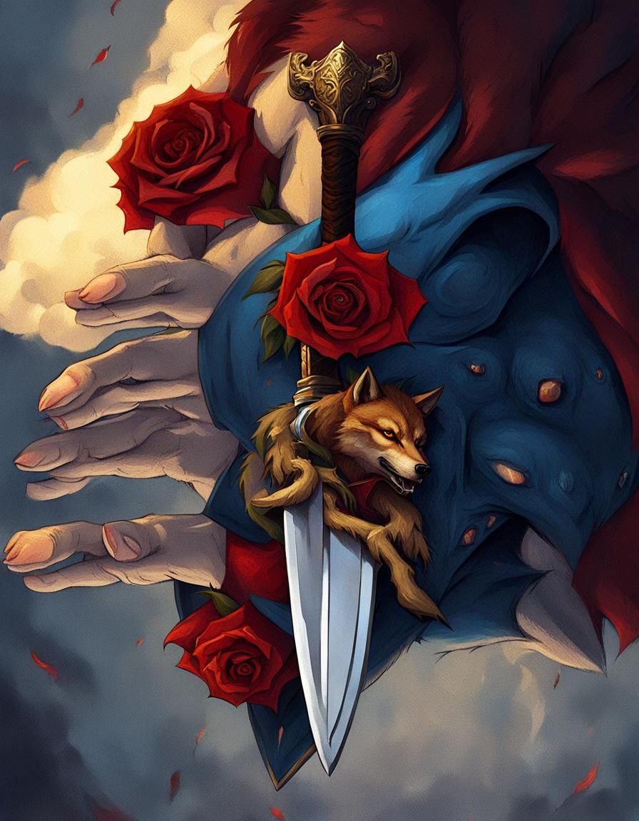 Dark Fantasy Hand Grasping Dagger, Rose and Wolf