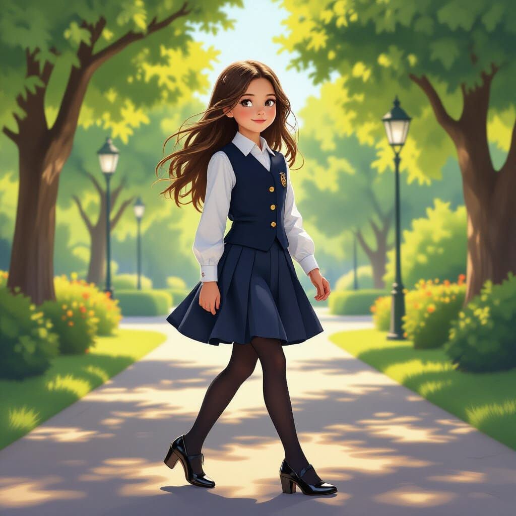 Schoolgirl in Uniform Walks Through Sun-Dappled Park