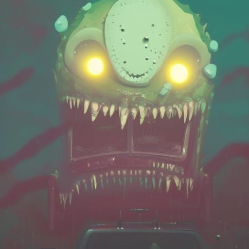 Hideous Slime Monster Portrait in Abandoned Car