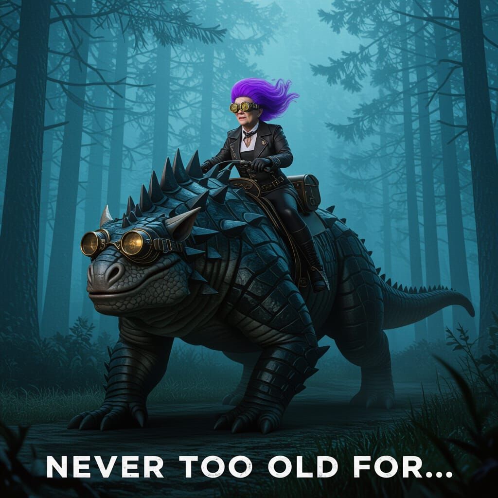 Elderly Woman Rides Alien Beast in Noir Style