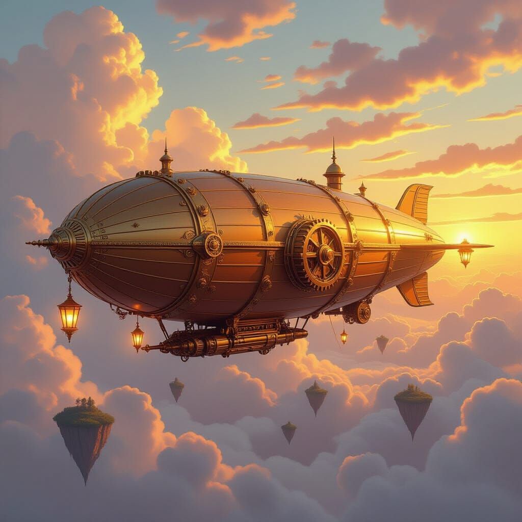 Majestic Airship in Sunset Sky, Painterly Style