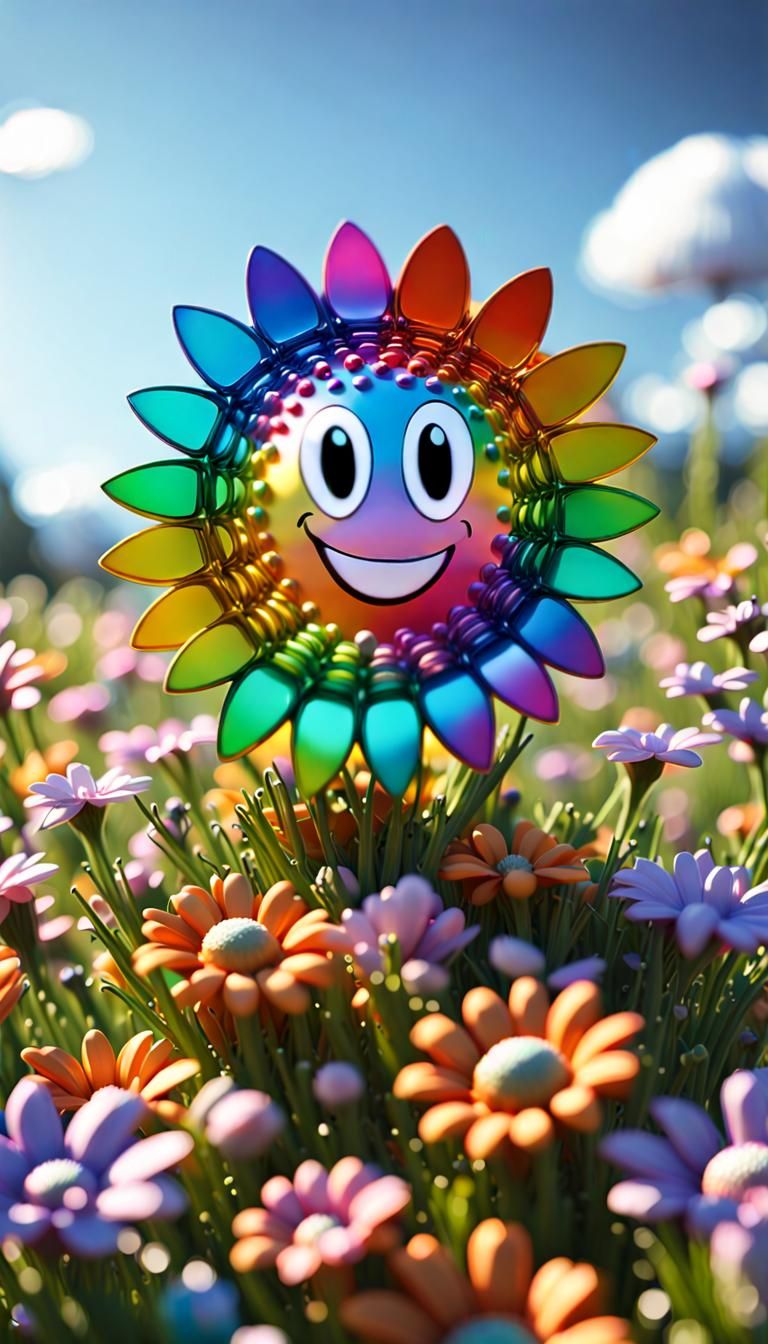 Rainbow Fractal Particle in a Flower Meadow: 3D Render