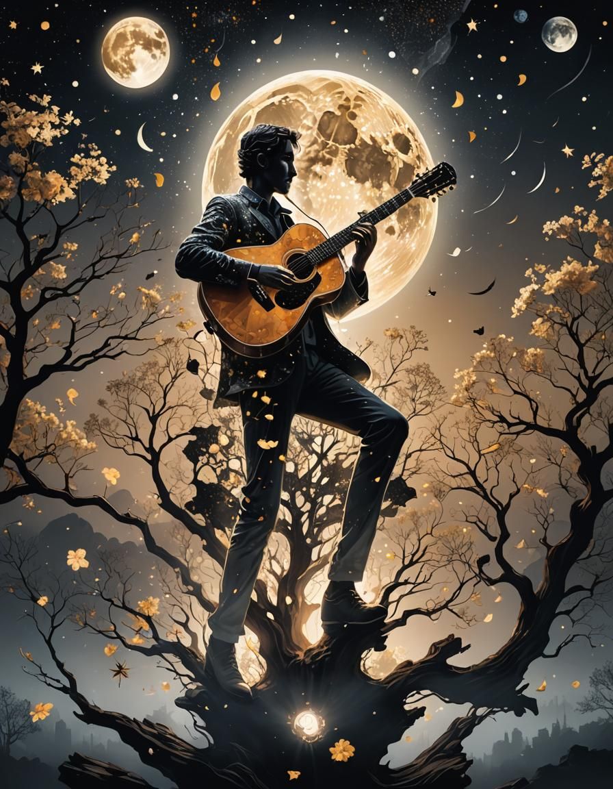 Cosmic Guitarist Silhouette Under Full Moon