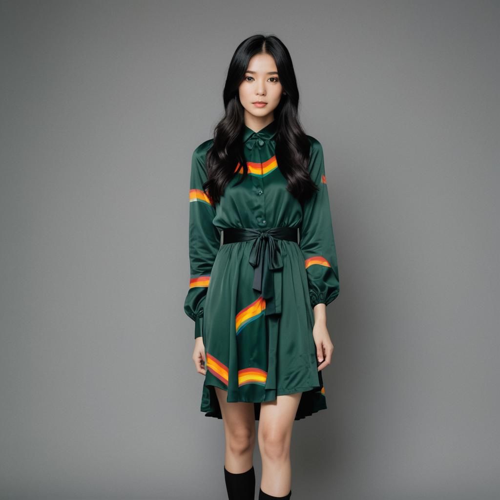 Beautiful Japanese Model in Green Rainbow Dress