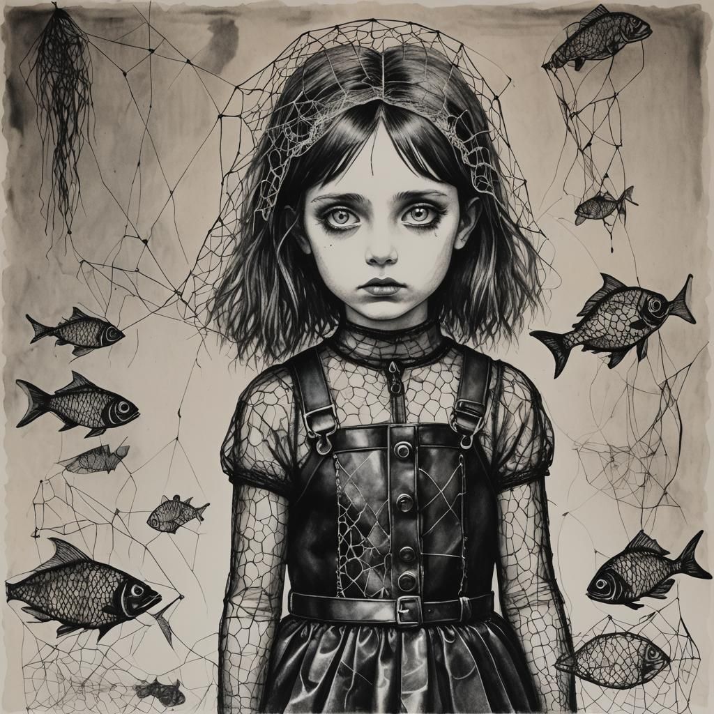 Gloomy Goth Girl: Surreal Child's Crayon Drawing