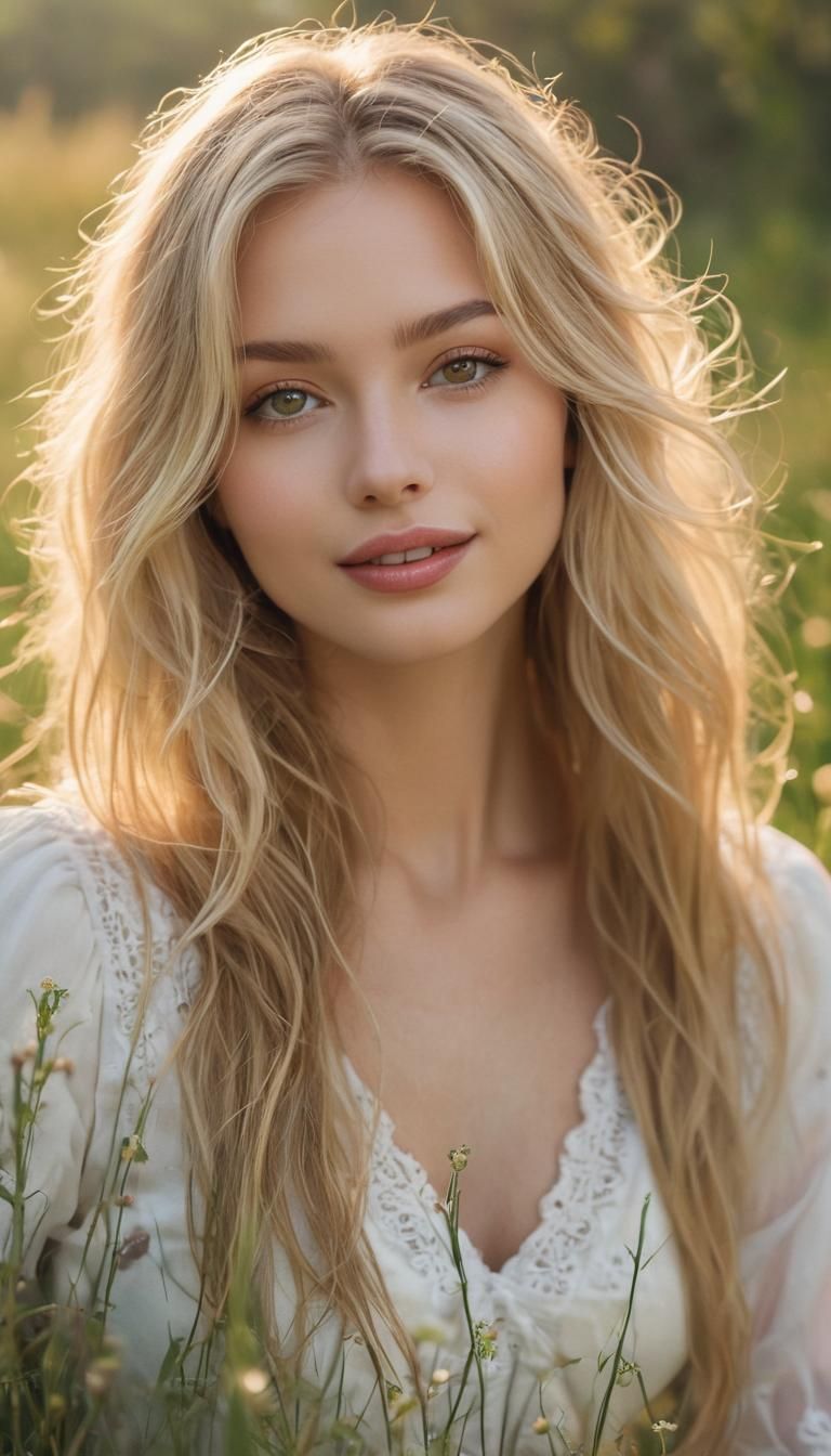 Ethereal Goddess in Moonlit Meadow, Oil Painting